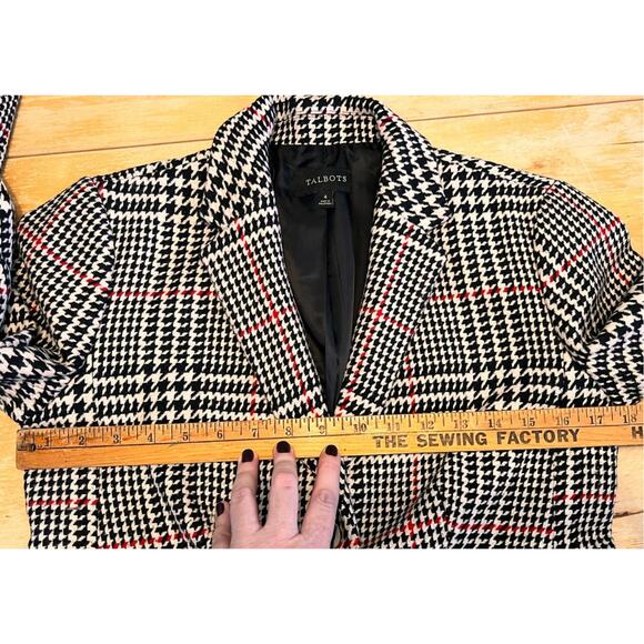 Talbots Wool Blend Houndstooth Plaid Blazer SZ 4 Black White Red Classic Preppy - Picture 6 of 12